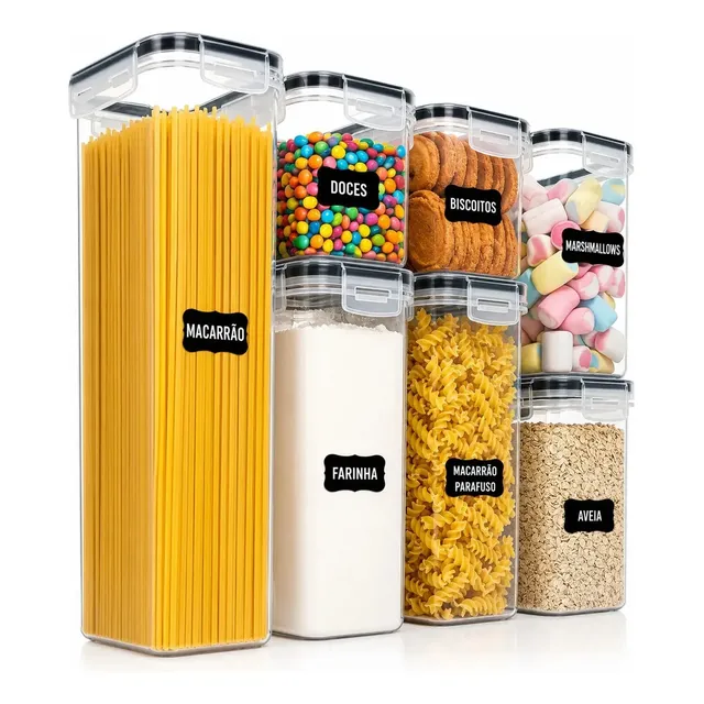 Pote Hermetico Kit 07 Trava Plastico Organizador Mantimento Transparente