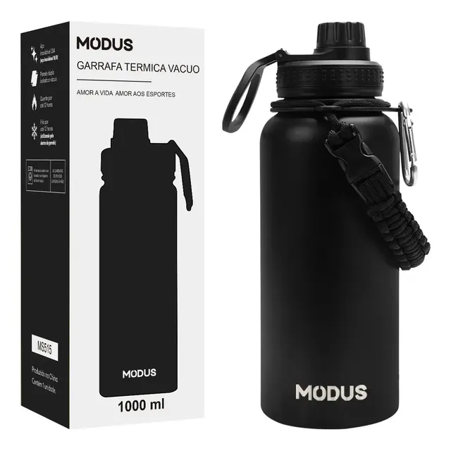 Modus Garrafa Térmica 950ml Aço Inox Com Alça E Tampa Rosca Preto