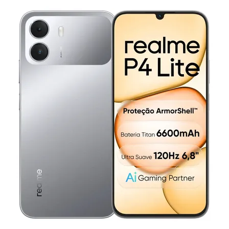 Celular Smartphone Realme P4 Lite 128gb 4gb Ram (+6gb Ram Virtual Boost) Dual Sim, Bateria Titan 6600mah, Chipset Octa-core, Tela 6,8 120hz, Proteção Armorshell, Ai Gaming Partner, Cinza