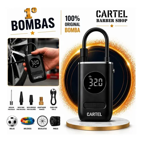 Mini Compressor Digital Portátil Cartel Barber Shop para Carro Moto e Bicicleta com Calibrador Digital Inflador Elétrico de Pneus 12V Display LCD Lanterna LED Compacto e Recarregável Preto