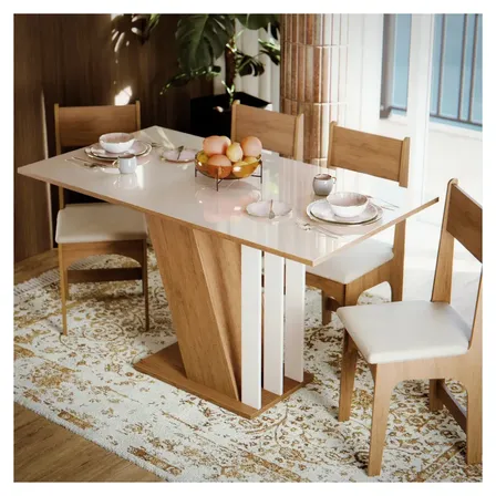 Conjunto De Sala De Jantar 4 Cadeiras Estofadas, Mesa Retangular Para Cozinha Com Tampo Mel E Off White Mel/off White Liso