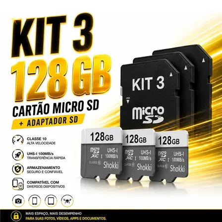 Kit 3 Cartões Micro SD 128GB Classe 10 de Alta Velocidade com Adaptador SD para Celular, Câmera e Drone