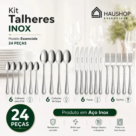 Faqueiro Inox 24 Peças Essenciale Haushop Jogo De Talheres Conjunto Mesa Posta Premium Resistente Prateado