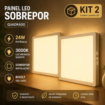 Kit 2 Painel Plafon Luminária Led Play Sobrepor Bivolt Quadrado 24w Potência 3000k Luz Branco Amarela Quente Tecnologia... 127/220v
