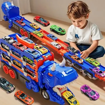 Pista Carrinho Dinossauro Caminhão Lançador 6 Carrinhos Cor Azul