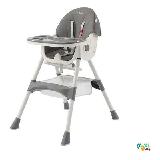 Cadeira Alimentação Infantil Portátil 2 Em 1 Reclinável 3 Posições Bandeja Dupla Cherry Maxi Baby Cinza Liso