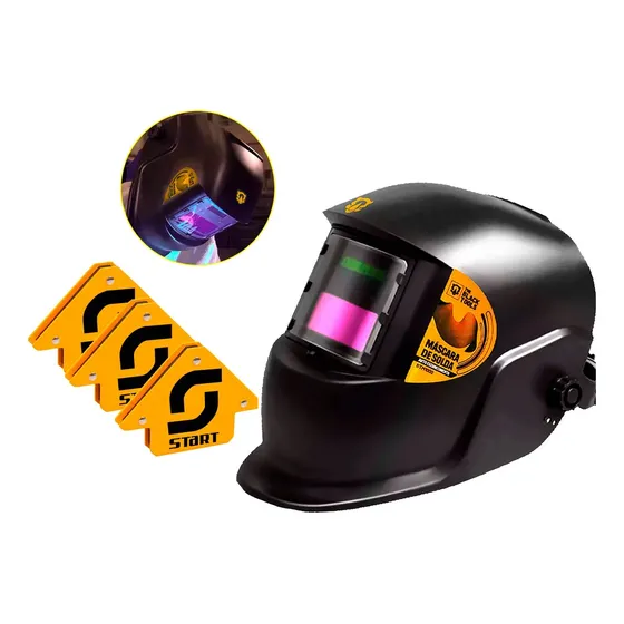 Máscara De Solda Automática Escurecimento + Kit 3 Esquadros Preto Lisa