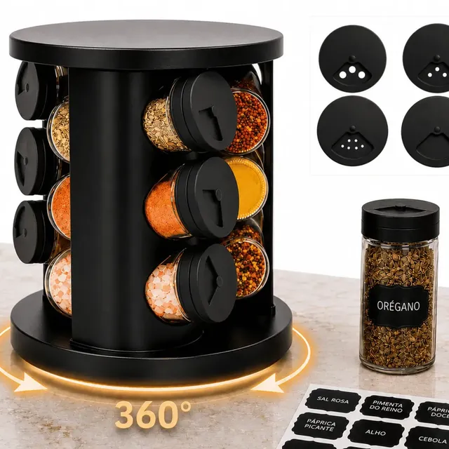 Porta Temperos Condimentos 9 Potes De Vidro Base Giratória 360° 9 Etiquetas Adesiva Organizador Cozinha Dosador Suporte Bancada Mesa Orégano Sal Páprica Pimenta Indue Variedades Preto