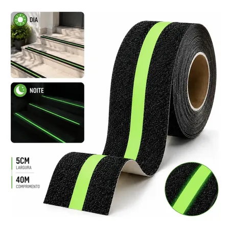 Fita Antiderrapante Fotoluminescente 5cm X 40m Neon, Fita de Segurança Brilha no Escuro para Escadas, Degraus e Pisos