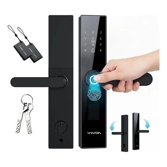 Fechadura Digital Inteligente Para Porta Digitais Eletricas Com Senha Biometria Cartão E Chave Preto Fosco Winda