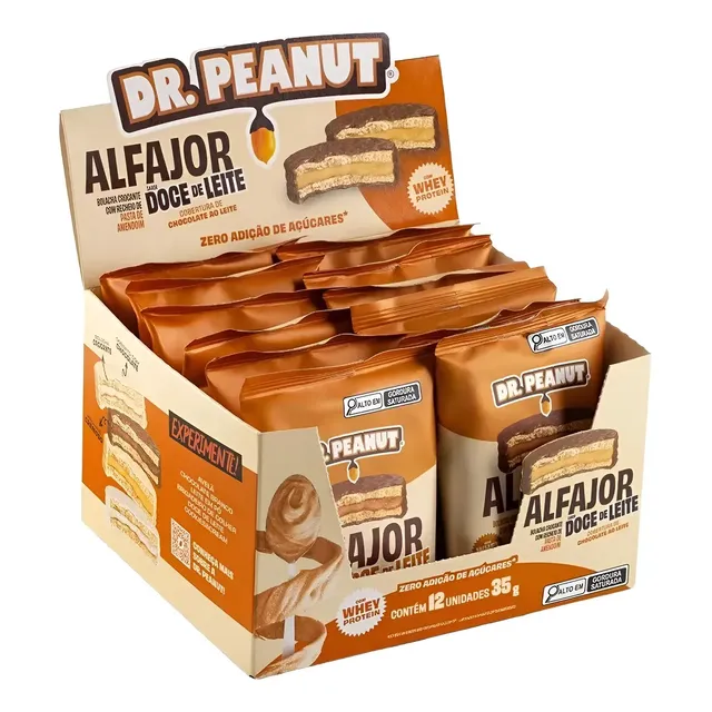 Pack Alfajor Dr. Peanut com Whey Protein, Sabor Doce de Leite e Cobertura de Chocolate, 12 Unidades