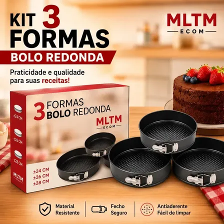Kit 3 Formas Para Bolo Torta Com Fundo Removível Cozinha Antiaderente Aço Inoxidável Redonda Cinza Carbono Mltm Ecom Cinza Grafite