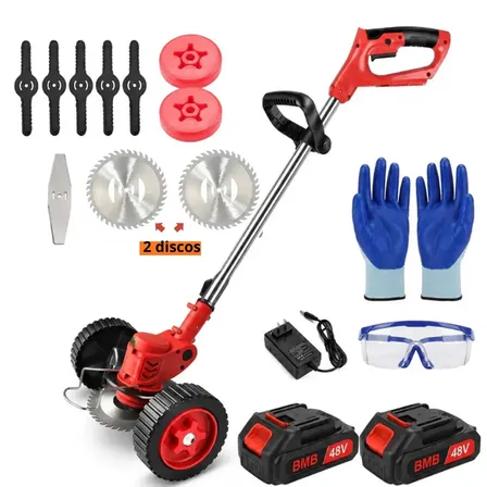 Roçadeira Eletrica Cortador De Grama 48v Bivolt 2 Baterias Portátil Sem Fio Com Rodas 127/220v Vermelho 127/220v Vermelho