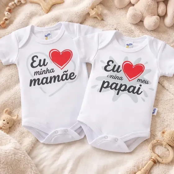 Body Bebê Frase Eu Amo Papai Mamãe 100% Algodão Kit 2pç Cor Branco Tamanho P - 0 a 3 meses
