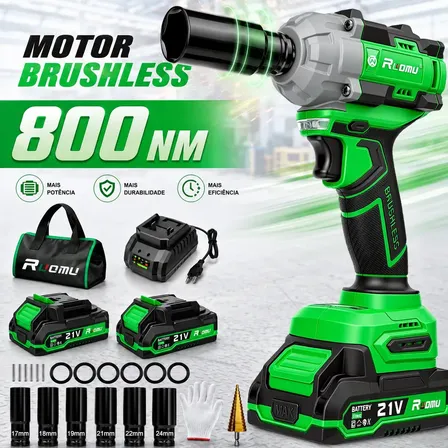 Chave De Impacto A Bateria 800nm Brushless Com 2 Baterias Verde 127/220v 60hz