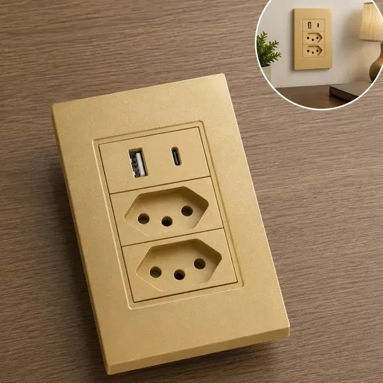 Tomada Dupla Usb Usbc Eletro Mex Espelho Parede Universal 10a Usb + Usb-c 4x2 Abs Embutir Dourado