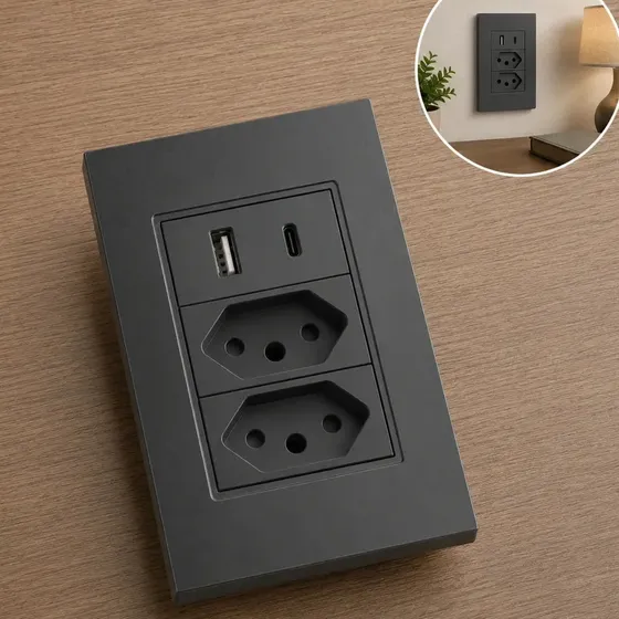 Tomada Dupla Usb Usbc Eletro Mex Espelho Parede Universal 10a Usb + Usb-c 4x2 Abs Embutir Preto
