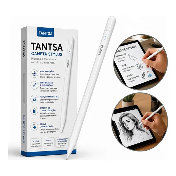 Caneta Touch Tantsa Stylus Capacitiva Universal para iPad, Tablet e Celular Com Rejeição de Palma Recarregável USB-C