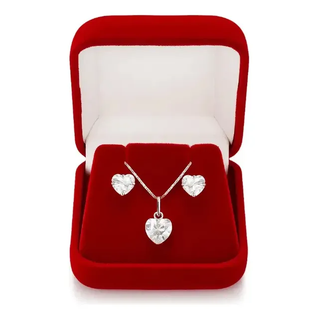 Colar Prata + Brincos Feminino Coração Zircônia Prata