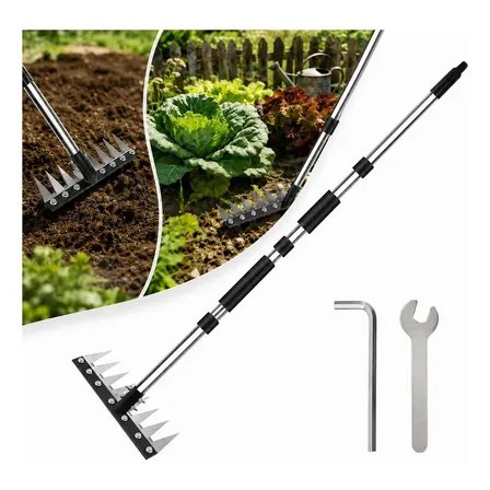 Rastelo Ancinho Inox 8 Dentes Para Grama E Jardim Com Inox Cabo Ajustável Desmontável 44-153cm Para Cultivar Arrancar Raízes Afofar, Nivelar E Capinar Em Hortas E Jardins Preto