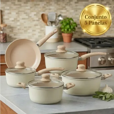 Jogo De Panelas Antiaderente 5 Peças Indução Revestimento Cerâmico Cozinha Frigideira Creme Pítia