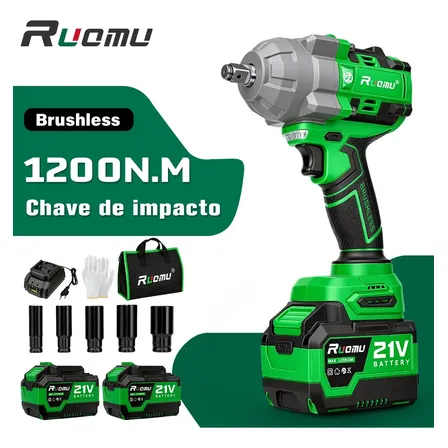 Chaves De Impacto Bateria Potente 1200n.m Brushless 6.0ah 2 Baterias Verde 127/220v 60 Hz