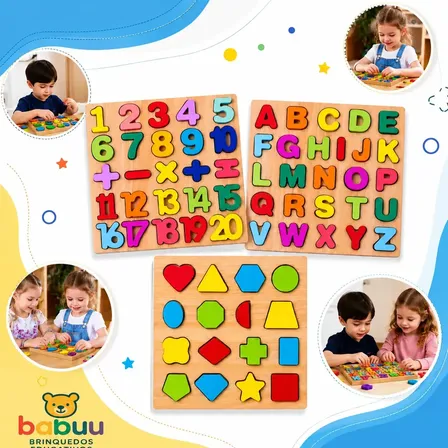 Kit 3 Jogos Brinquedos Educativos Madeira Numeros Letras Alfabeto Babuu Brinquedos Educativos Colorido