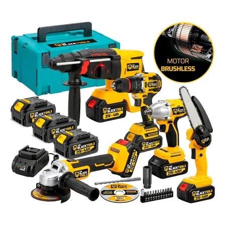 Kit Multi Ferramentas 5 Em 1 C/Furadeira Martelete Chave Impacto Esmerilhadeira Motoserra A Bateria 21V The Black Tools