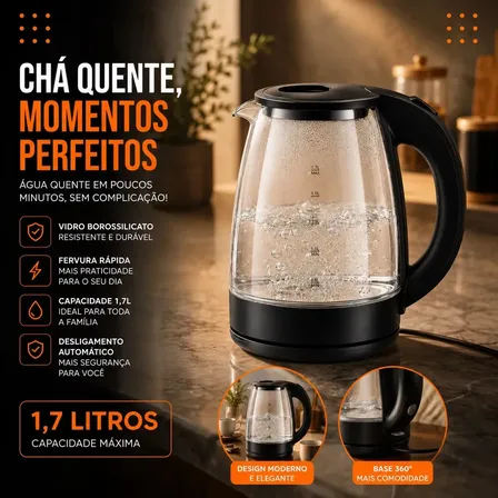 Chaleira Elétrica de Vidro 1,8 Litros Aquecimento Rápido Desligamento Automático Jarra Transparente Resistente Tampa de Fácil Abertura Ideal para Café Chá Leite e Bebidas Quentes Hold On