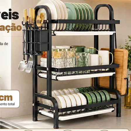 Escorredor De Louça Inox 3 Andares Grande, Com Bandejas Coletoras E Porta Talheres, Preto
