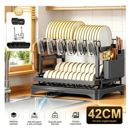 aweshine Escorredor Inox Organizador De Louças 2 Andares Para Pia Cozinha,Bandeja Coletora Ampla Com Drenagem Automática,Saída Dreno Giratória 360°,Multifuncional Porta Pratos Tigelas Talheres Copos