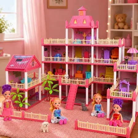 Casa de Bonecas de Luxo 350 Pcs com 4 Bonecas, 17 Cômodos e 4 Andares. Móveis e Acessórios Inclusos. Presente para Meninas de 3 a 8 Anos, Aniversário, Natal e Datas Especiais.
