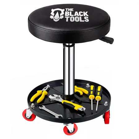 Banqueta Giratória 360º Regulável Com Bandeja Mecânico 150kg Estetica Oficina Auto Com Rodízio Brm1000 The Black Tools Cromado Preto
