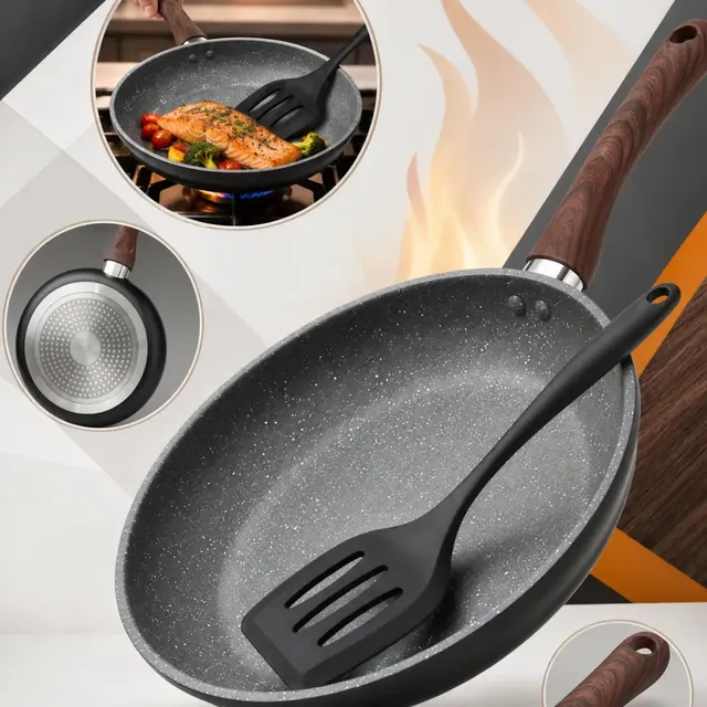 Frigideira De Granito 24cm Antiaderente Com Espátula, Cabo De Madeira, Compatível Com Indução, Cooktop, Gás E Elétrico, Revestimento Tipo Pedra, Cozinhe Com Menos Óleo - Nhame Cinza-escuro
