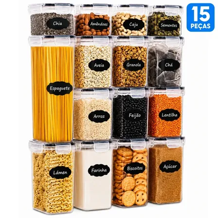 Kit 15 Potes Herméticos Organizadores De Mantimentos Plástico Com Etiquetas Cozinha Despensa Empilhável Transparente