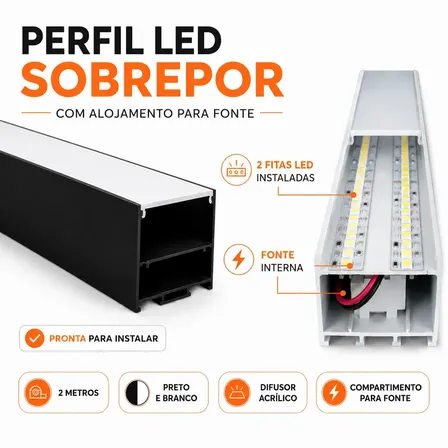 Luminária De Sobrepor Teto Led 72w 2m Tubular Linear Retangular Horizontal Moderna Para Escritório Sala Cozinha Preto Led Branco Frio 6000K