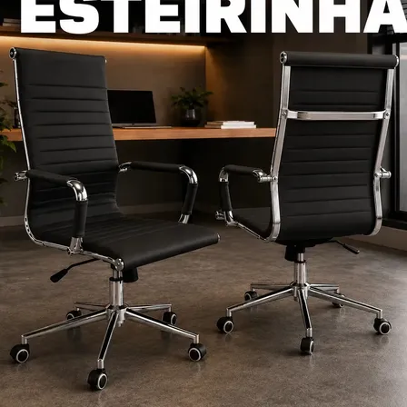 Cadeira Presidente Esteirinha Escritório Ergonômica Eames Estrutura de Couro Sintético até 150Kg Resistente Giratória Moderna Ajustável Relax Modelo 626H Linha PluggHome by Pluggei Select Cor Preto