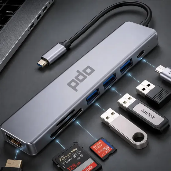 Hub USB-C 7 em 1 PDO para Notebook, PC e Tablet com HDMI 4K e Leitor SD