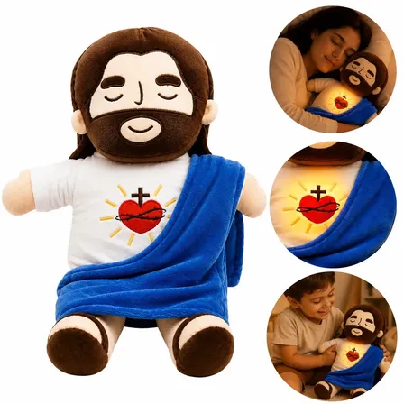 Pelúcia Jesus Que Respira Acalma Relaxa Alivia Ansiedade Pelúcia Menino Azul Com Luz Música Mompas