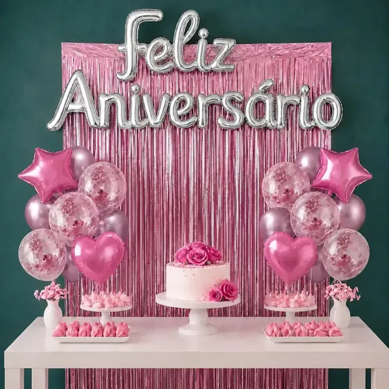 Kit Balão Feliz Aniversário Com 26 Peças Decoração Festa Cortina Letras Bexigas Rosa Claro