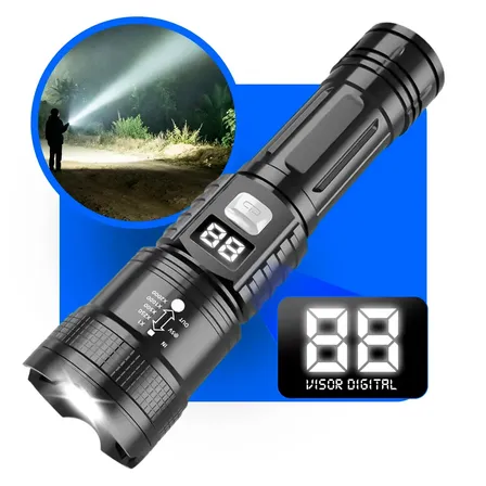 Lanterna Tática Recarregável Atualizada Led Visor Digital Zoom Telescopico Abs 3 Modos Iluminação Uniled Branco Preto