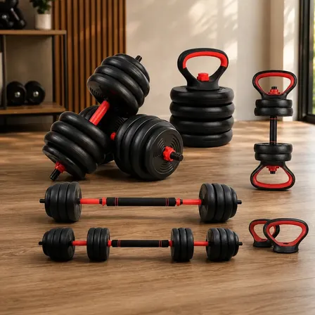 Kit Halteres 6 Em 1 40kg Peso Regulavel Barra Kettlebell Academia Luxo Preto E Vermelho Ligeiro