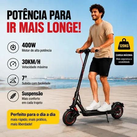 Patinete Elétrico Dobrável 400W 30km/h para Trabalho, Faculdade e Lazer