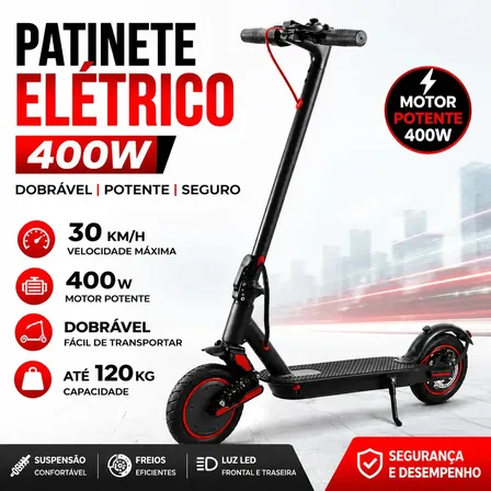 Patinete Elétrico Dobrável 400W 30km/h Adulto Com LED e Suspensão
