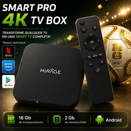 Smart Box 4K Android Tv Transforme Sua Tv Em Smart 2 Gb RAM 16 GB de Armazenamento Android Netflix Prime Video Play Store