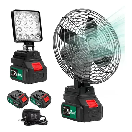 Kit Ventilador Portatil 8'' + Luz Led 4'' 2 Baterias Recarregável Lanterna Refletor Lampada Luz Led 20.32 Cm 60 Hz Preto 127/220v