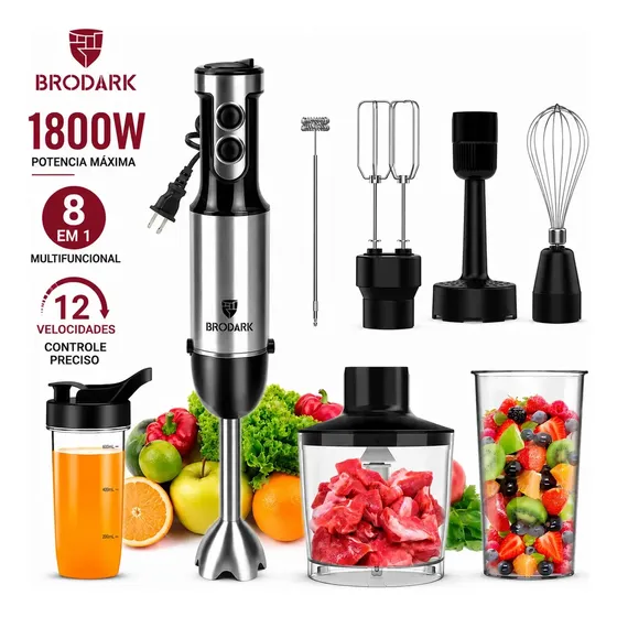 Brodark Mixer De Mão Portátil 8 Em 1 Processador Alimentos 1800w Multifuncional 8 Velocidade Picador De Alimentos Com Batedor Eletrico Preto 220v