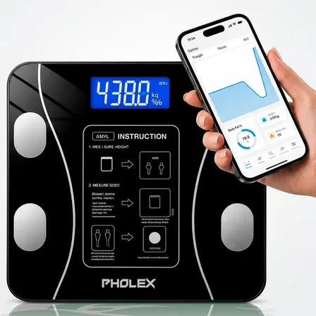 Balança Digital Corporal Bioimpedância Pholex Com Aplicativo Bluetooth Android e iOS Vidro Temperado Alta Capacidade Balança Academia Personal Banheiro Homologada Anatel