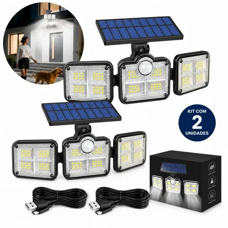 Kit 2 Refletor Solar Led 3 Cabecas Luminária Sensor Movimento Ajustável Externo Prova D'água Holofote Parede Jardim Branco Frio - Diggicom Preto