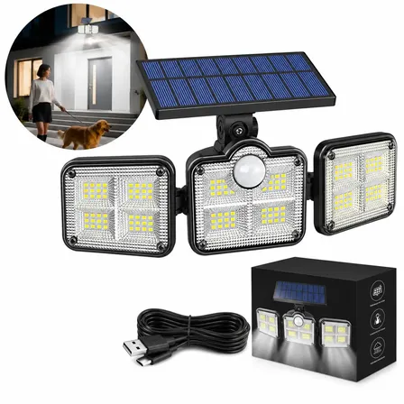 Refletor Solar Led 3 Cabecas Luminária Sensor Movimento Ajustável Externo Prova D'água Holofote Parede Jardim Branco Frio - Diggicom Preto